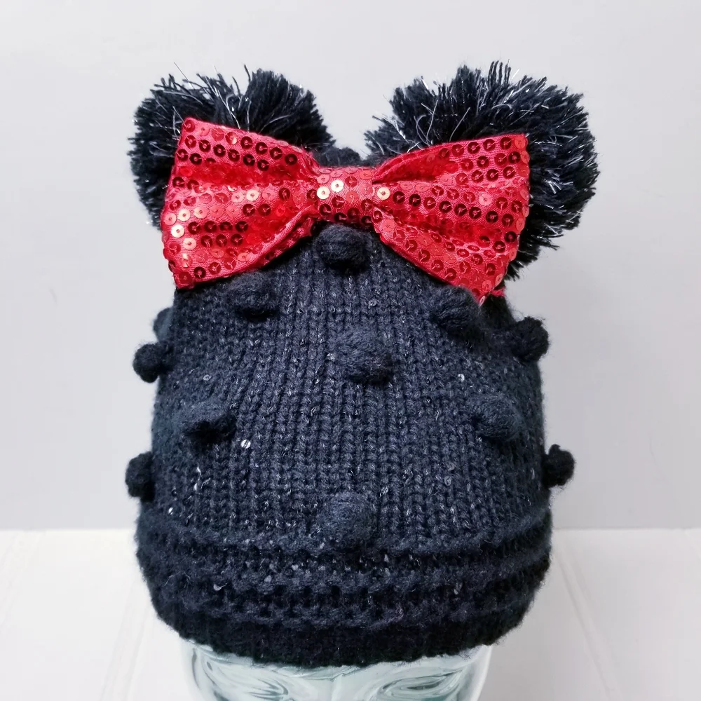 Disney Store Minnie Mouse Beanie XS/S 3-6 Sequin Bow Pom Pom Ears Knit Hat Black